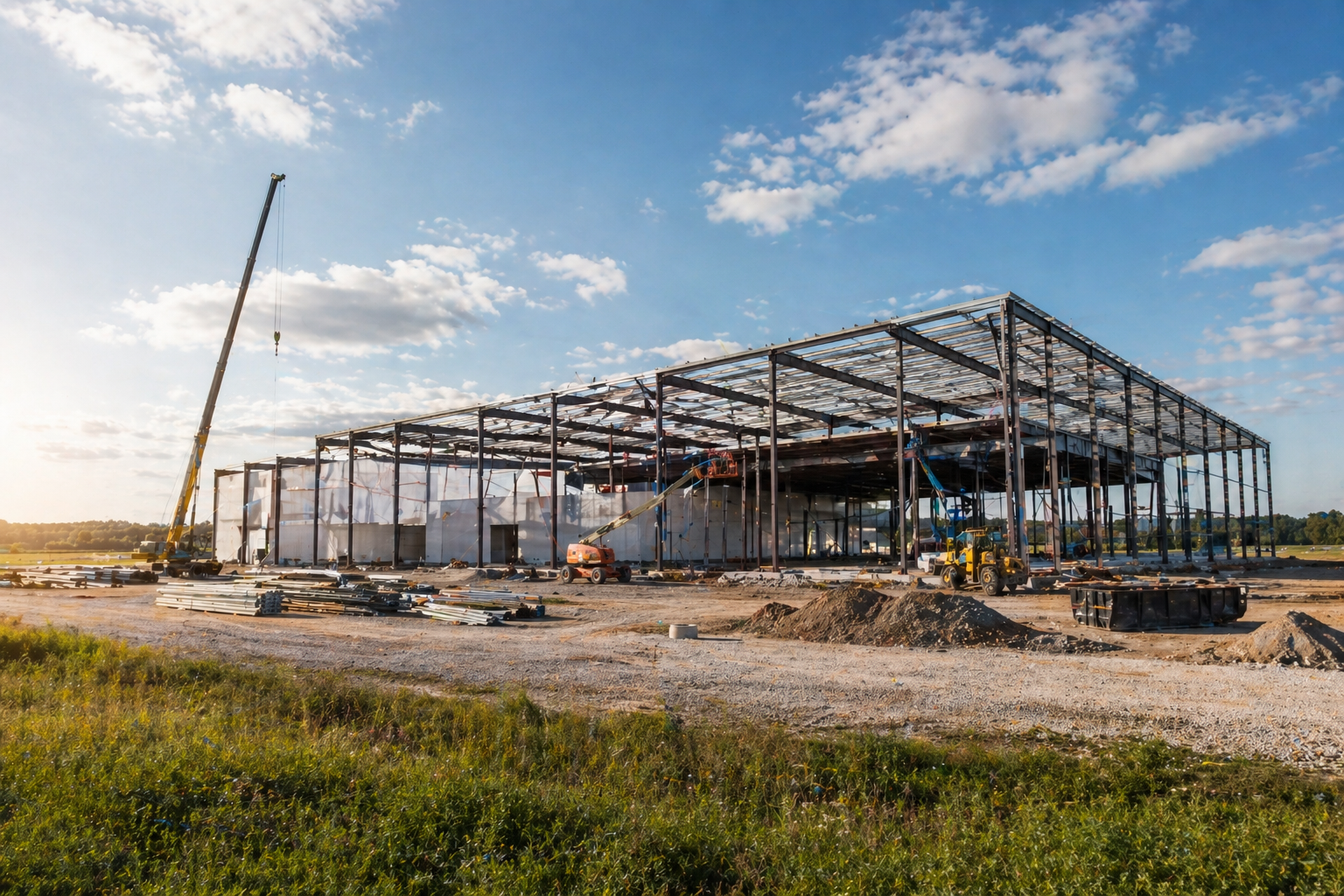 Steel-frame commercial building under construction at sunset with crane and equipment on site